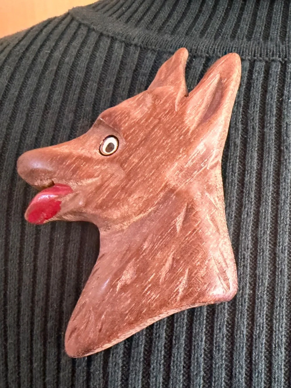 Vintage Carved Wooden German Shepard Dog Brooch